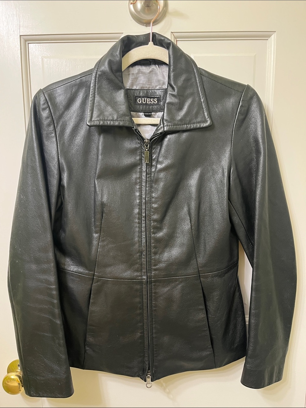 GUESS Black Leather Zip Jacket for Women